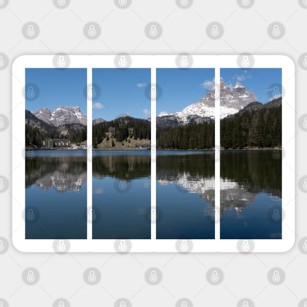 The fabulous alpine lake of Misurina in the Dolomites. Lovely and relaxing place in the Italian Alps. Reflections in the rippled water. Sunny spring day. Sticker by fabbroni-art